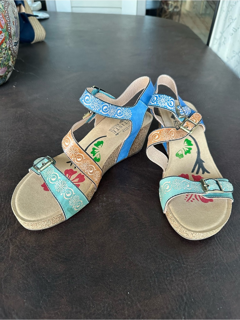 NEVER WORN - Spring Step Teal Blue and Tan Floral Embroidered Wedge Sandals
